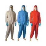 Disposable white, blue and orange SMS Coveralls on 3 separate mannequins