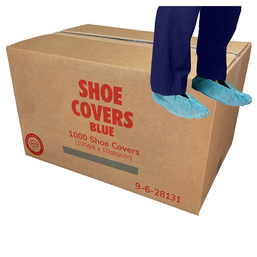 Red-labeled carton box reading 'SHOE COVERS,' accompanied by illustrated legs wearing covers in the top right corner.