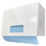 White box shaped wipes roll dispenser with a blue roll inside