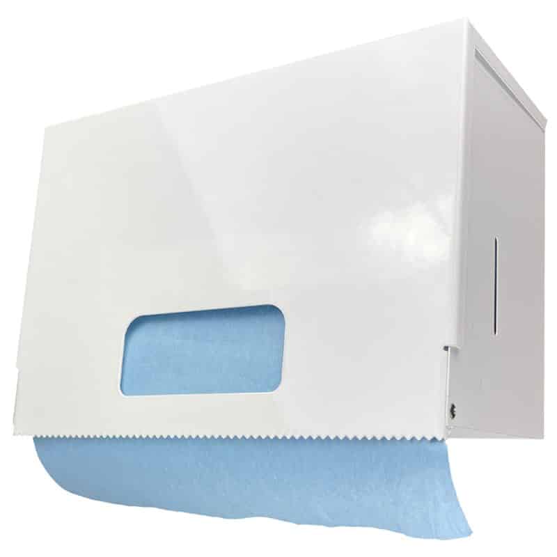 White box shaped wipes dispenser with a blue roll inside
