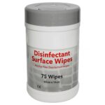 White canister of Surface Disinfectant Wipes with a grey patterned label showcasing red text, topped with a grey cap.