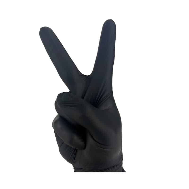 A peace sign made by a hand in black nitrile gloves heavy duty