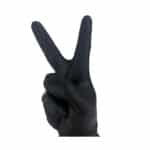 A peace sign made by a hand in black nitrile gloves heavy duty