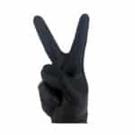 A peace sign made by a hand in black nitrile gloves heavy duty