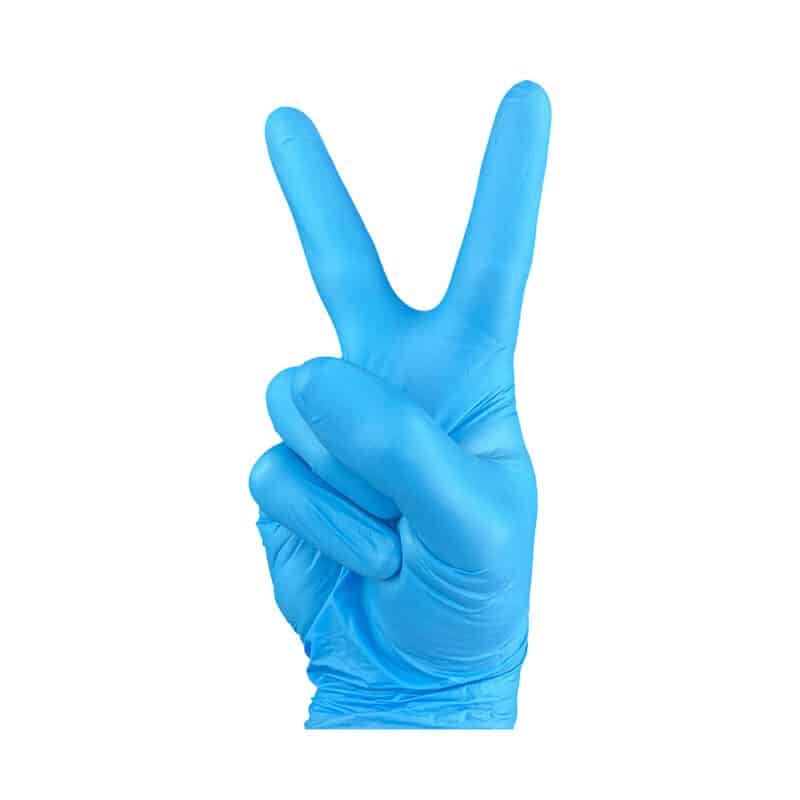Hand in blue nitrile gloves making a peace sign on a white background