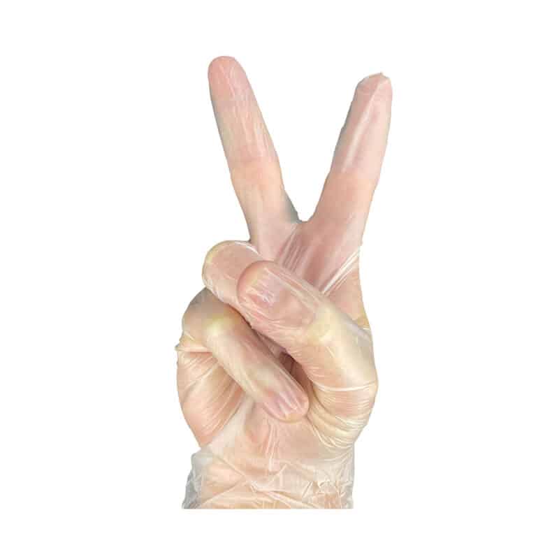 A hand in clear vinyl gloves showing a peace sign