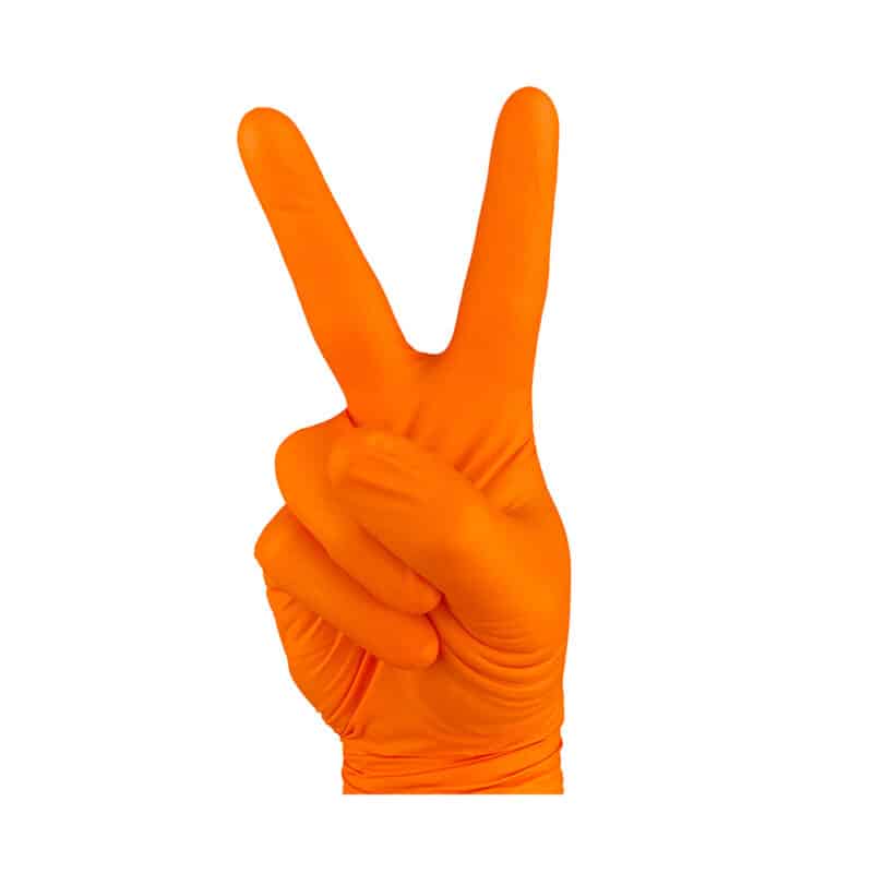 A hand showing peace sign in orange heavy duty nitrile gloves