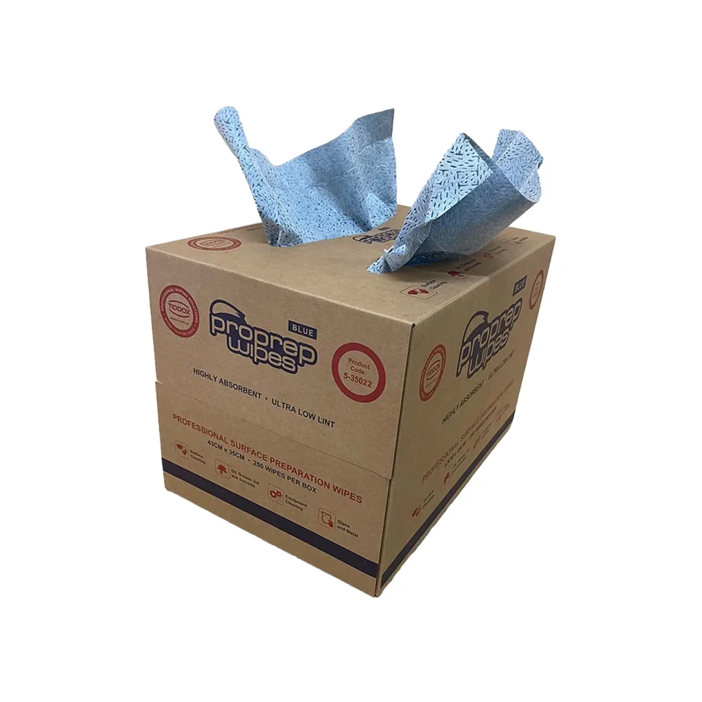 Brown carry-sized dispenser box of blue surface preparation wipes "Proprep Wipes" with two wipes sticking out the top