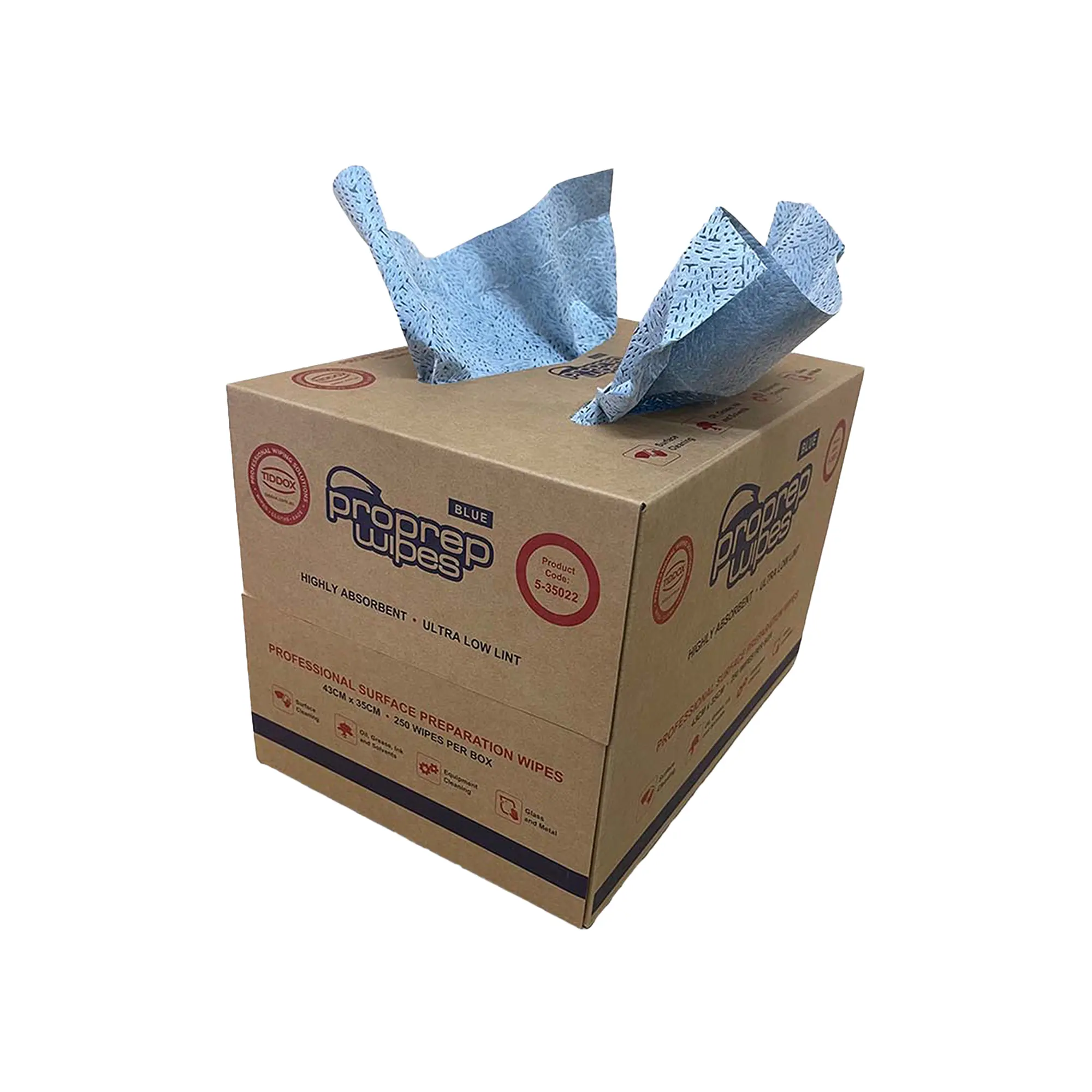 Brown carry-sized dispenser box of blue surface preparation wipes "Proprep Wipes" with two wipes sticking out the top