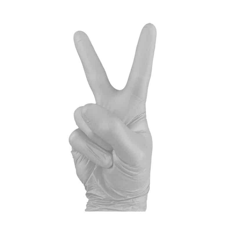 A hand in heavy duty latex gloves showing a peace sign
