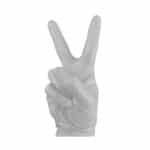 A hand in a TIDDOX Bastion Latex Glove White Powdered showing a peace sign