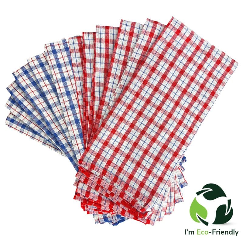 An assortment of plaid napkins in red, white, and blue shades, stacked meticulously to create a visually appealing arrangement.