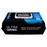 Black and blue package of ultra grime wet wipes on a plain background