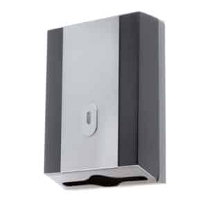 Black and grey wall mounted hand towel dispenser on a white background