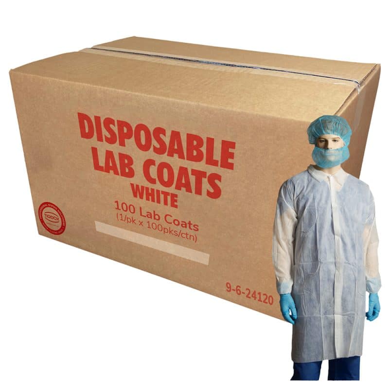 A mannequin wearing PPE with a white disposable lab coat with a cardboard box in the background