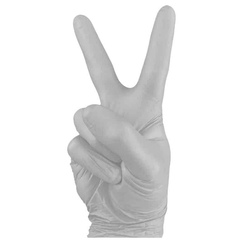 A hand in a heavy duty latex glove showing a peace sign