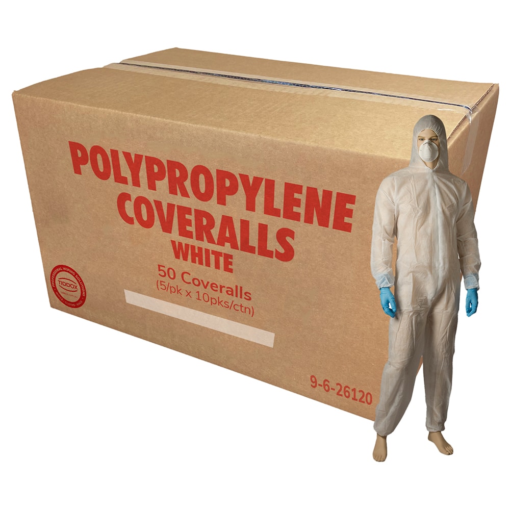 Mannequin in PPE gear with white coveralls , with a cardboard box in proportion behind it with Large red writing