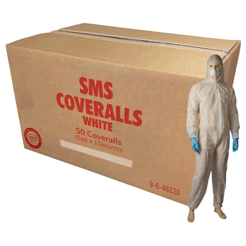 Mannequin in White disposable coveralls , with a cardboard box in proportion behind it with bold red writing