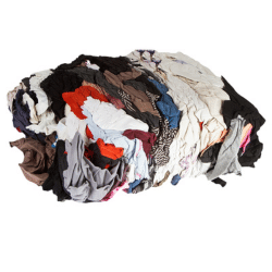 Bundle of coloured t-shirt oil absorbent rags on a white background