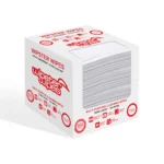 White box filled with Healthcare lLow Lint Wipes featuring bold red writing and casting a shadow on a white background.