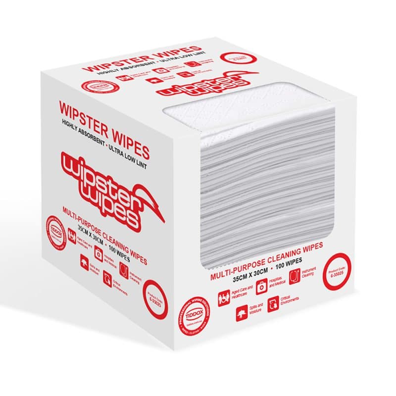 White box filled with wipes featuring bold red writing and casting a shadow on a white background.