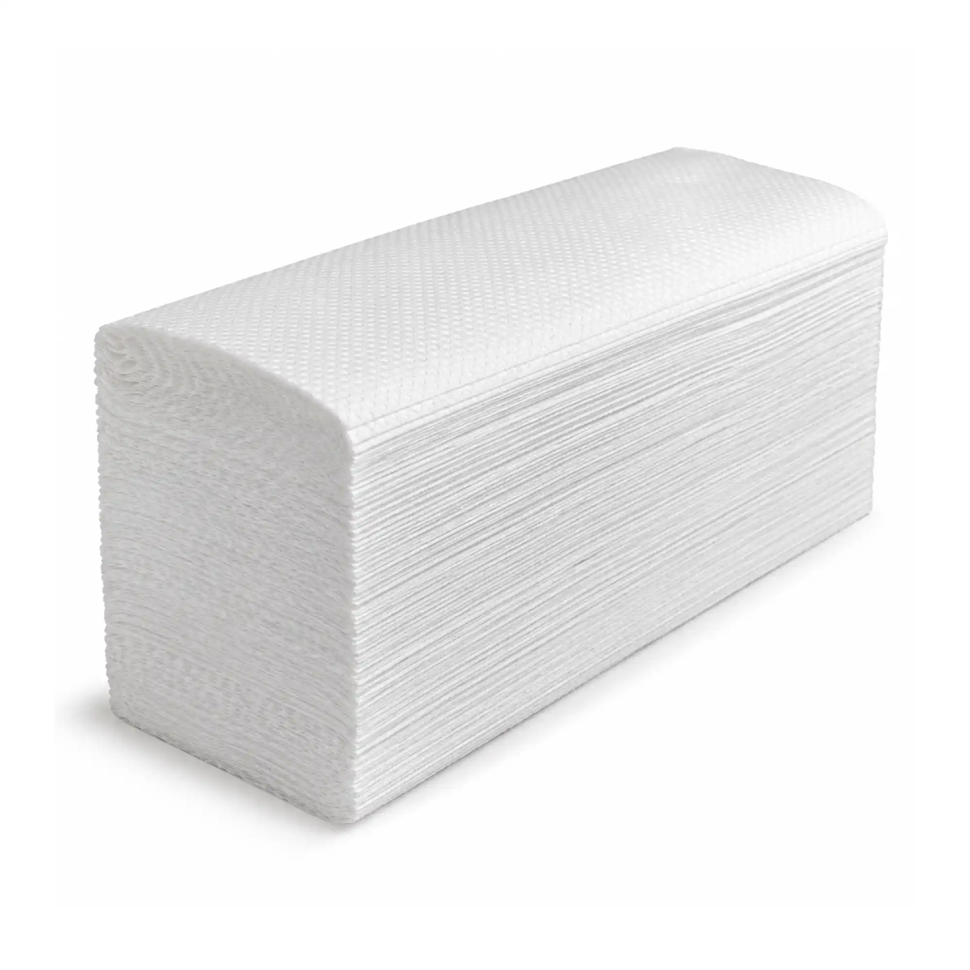 Hand-Towels-Virgin-Slimline Stack of white multifold hand towels on a white background