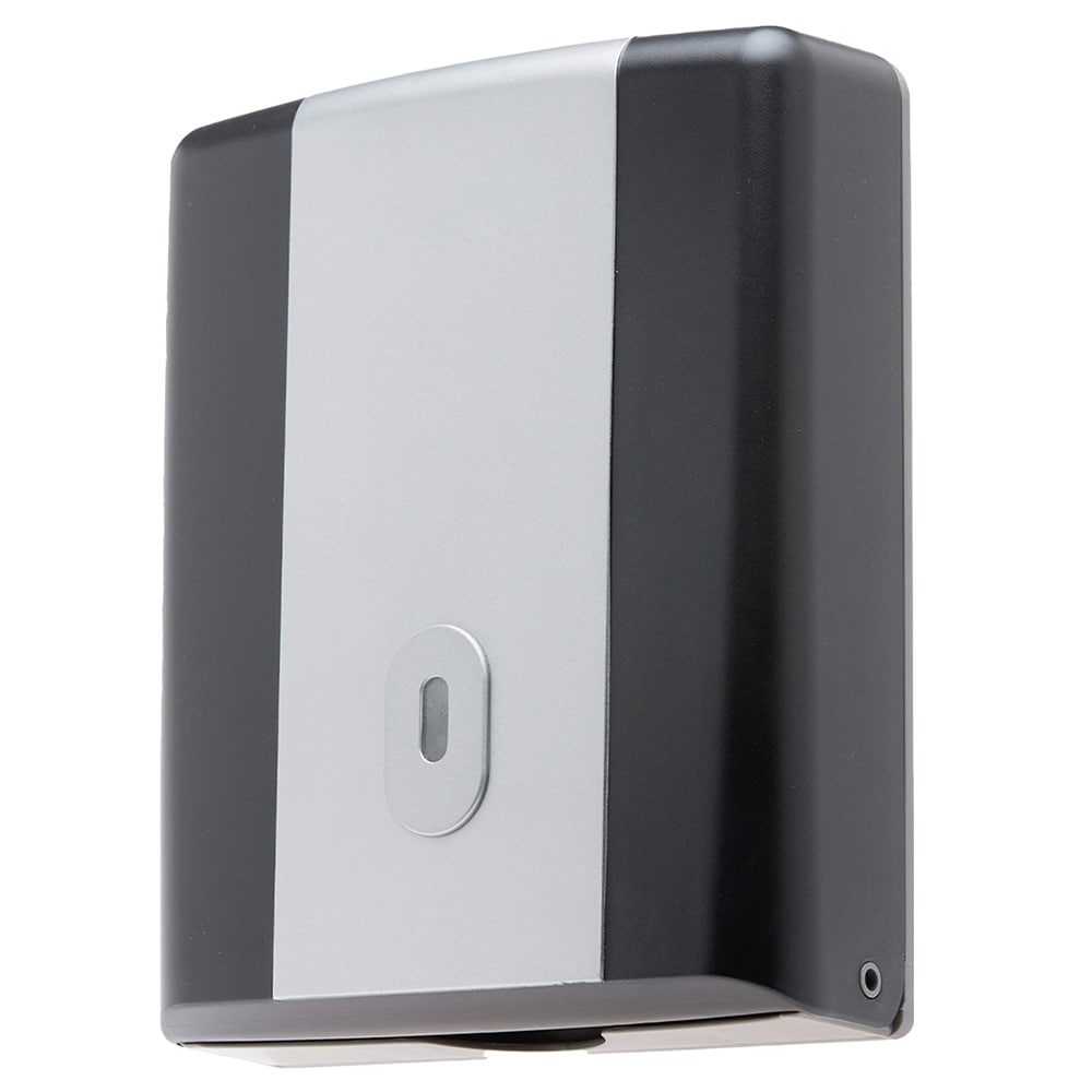A Slimline wall-mounted paper towel dispenser in grey and white.