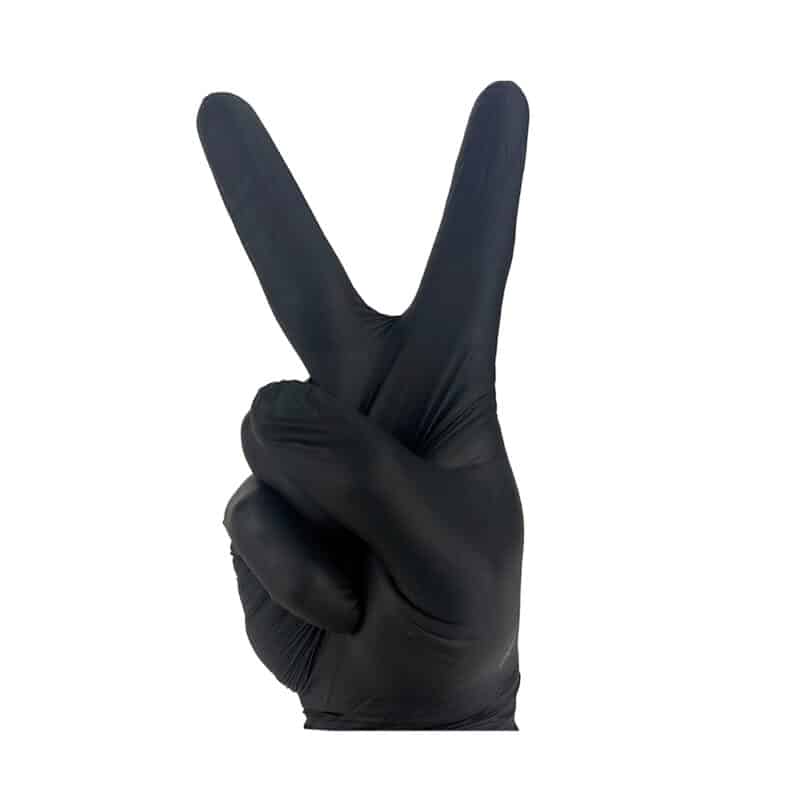 A peace sign made by a hand in black nitrile gloves heavy duty
