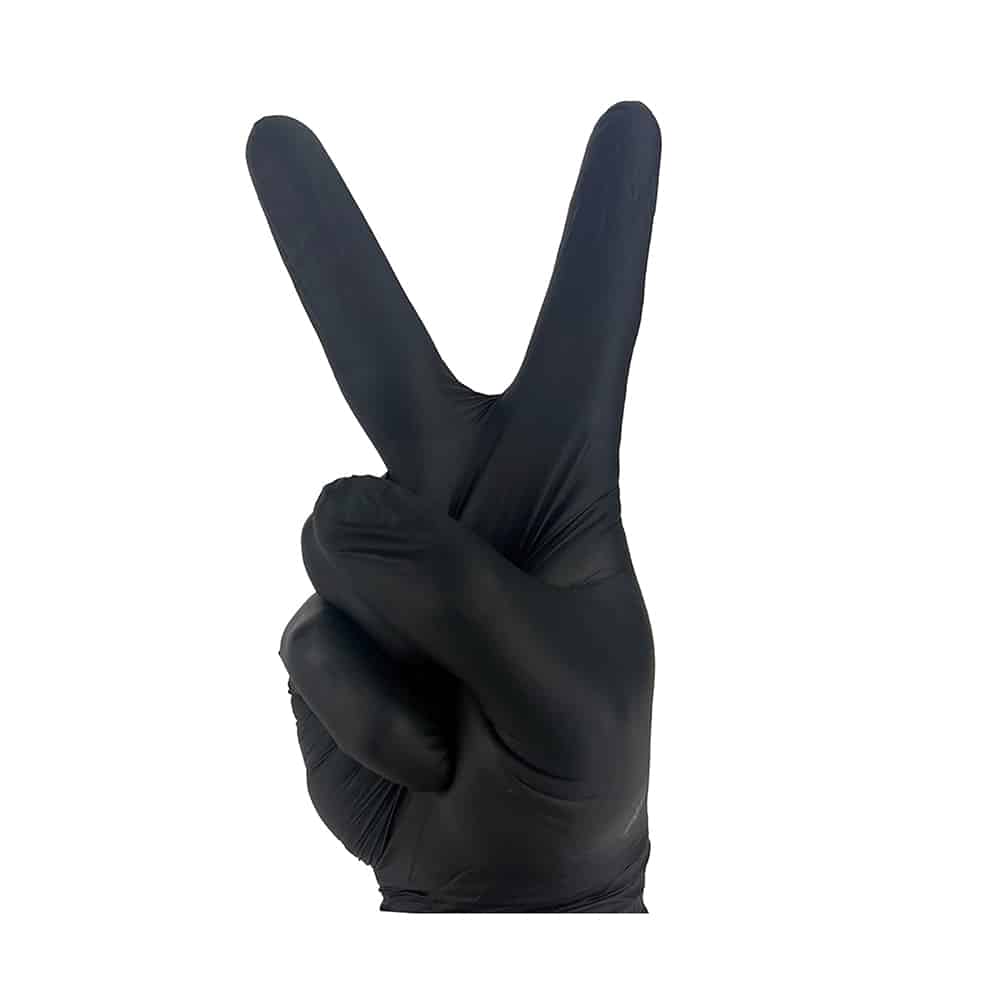 A peace sign made by a hand in black nitrile gloves heavy duty