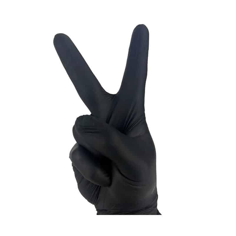 A hand in black nitrile gloves forming the peace sign