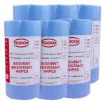 Six blue rolls of TIDDOX solvent resistant wipes vertically stacked, each adorned with a white label featuring red writing.