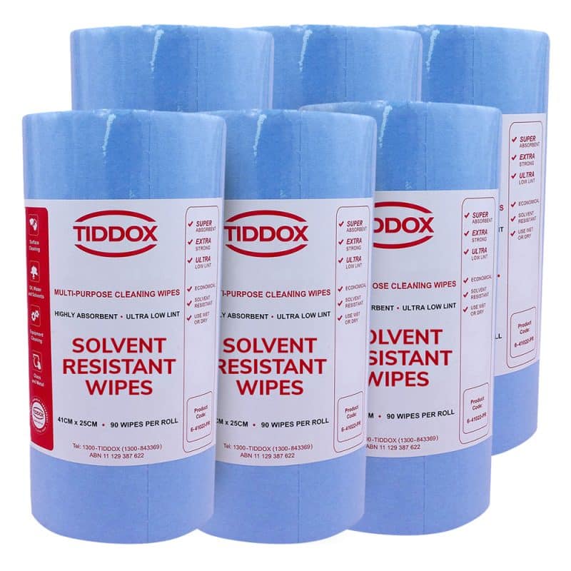 Six blue rolls vertically stacked, each adorned with a white label featuring red writing.
