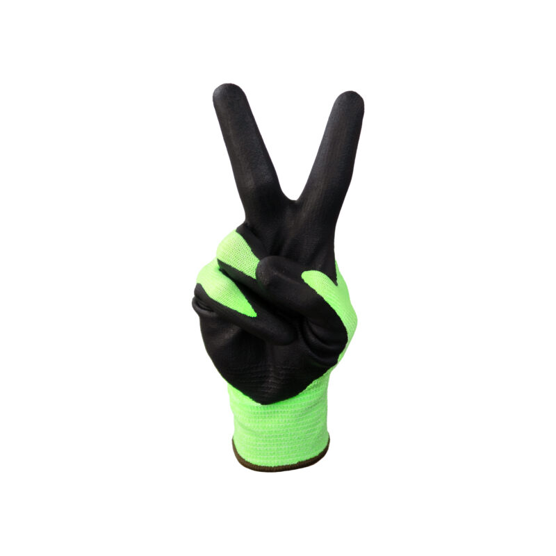TIDDOX-High-Viz-Cut-5-Green-Gloves on a white background showing the peace sign