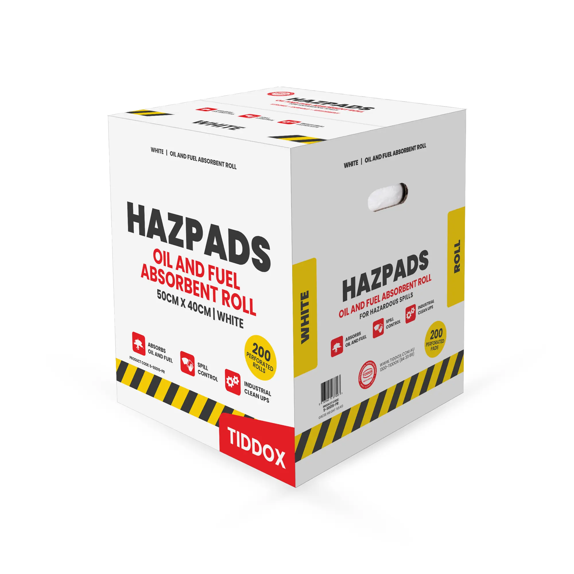 Hazpad-Roll-White-Oil-And_Fuel-Pads carton of absorbent pads rolls on a white back ground