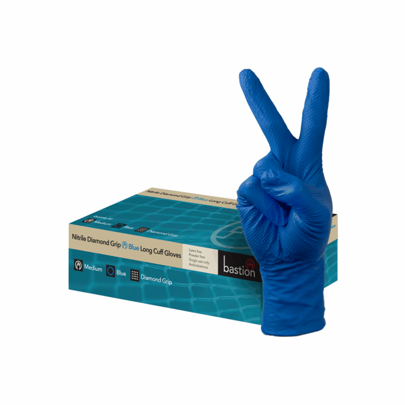 box of gloves with the blue glove next to it. white background