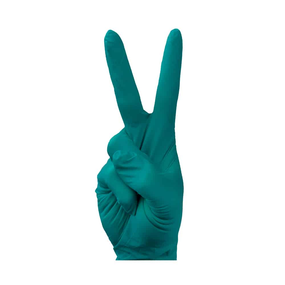 TIDDOX green TouchNTuff 92-600 Nitrile Gloves on a white background holding the peace sign