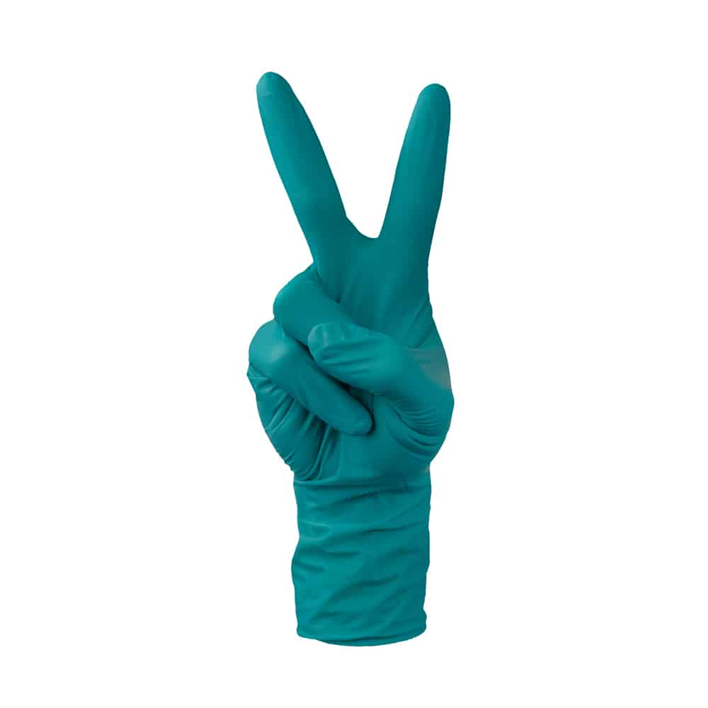 a green Touch-N-Tuff Long Cuff glove on a white background holding the peace sign