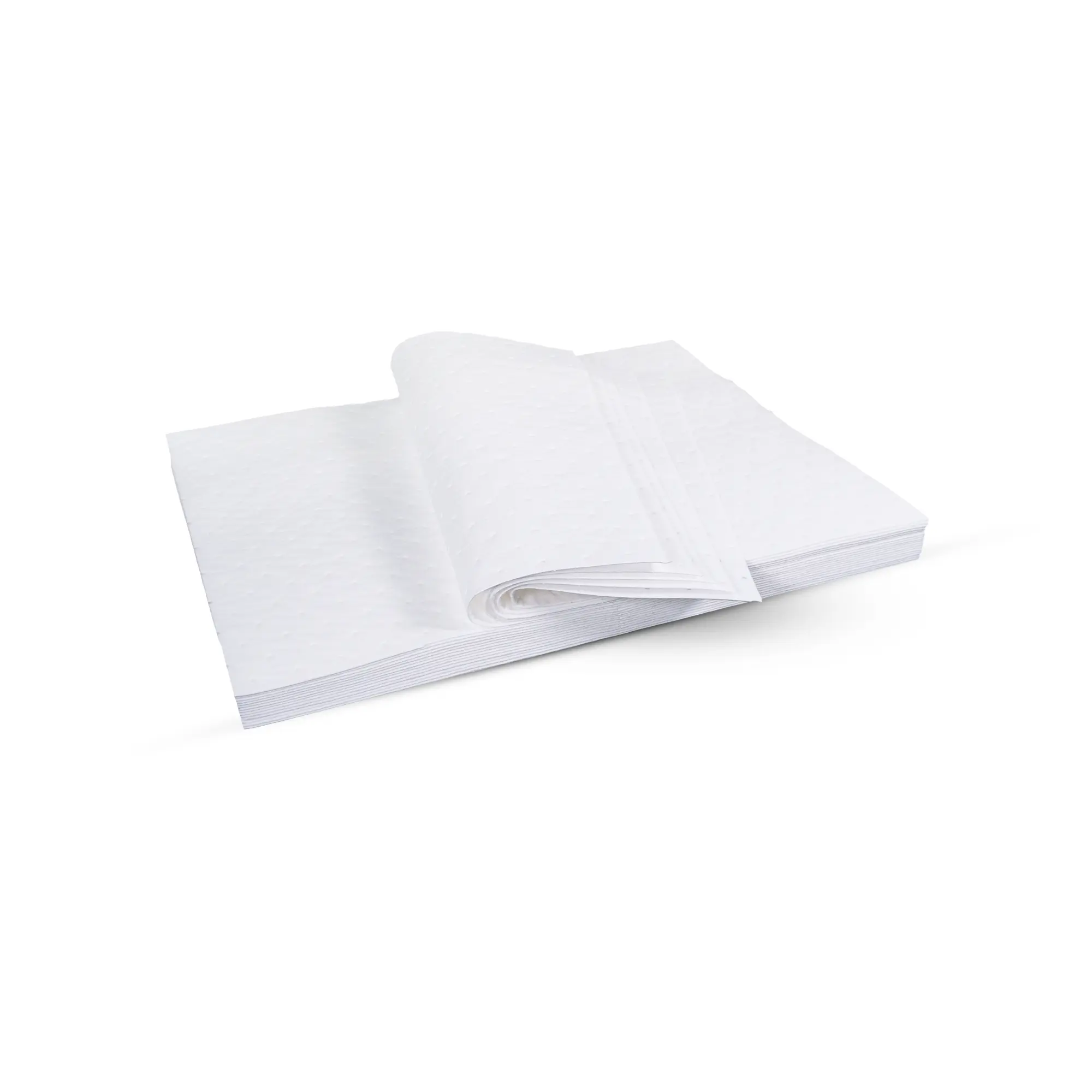 stack of oila and fuel haz pads with a few sheets folded over on a white background