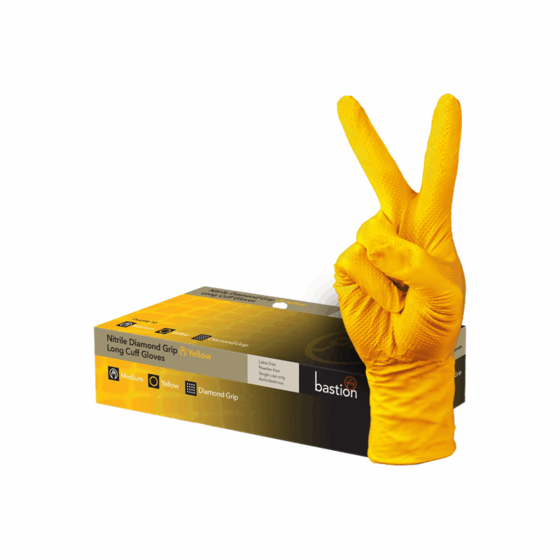 yellow diamond nitrile gloves long cuff on a white background