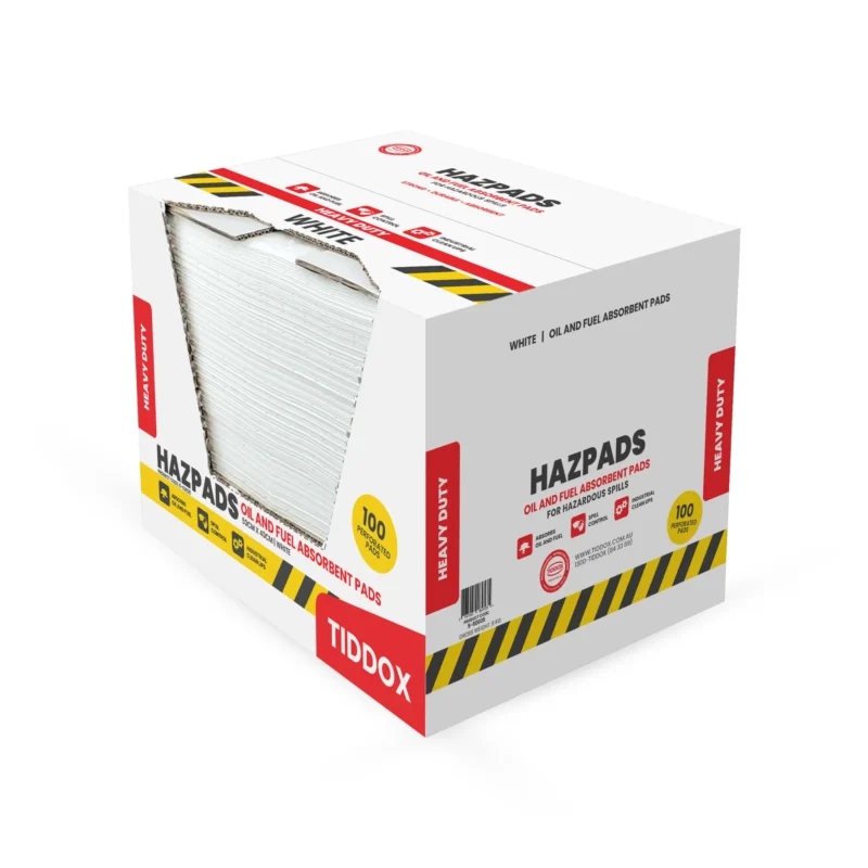 stack of white heavy duty oil and fuel absorbent pads with one sheet hanging from pile