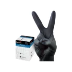 Bastion Ultra Soft Nitrile Gloves Black on hand showing peace sign next to packaging