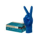 box of gloves with the blue glove next to it. white background