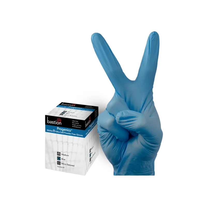 Bastion Ultra Soft Nitrile Gloves Box of 250 Gloves with hand showing a peace sign