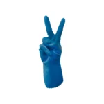 Bastion Blue SIlverlined Rubber Gloves on hand showing peace sign