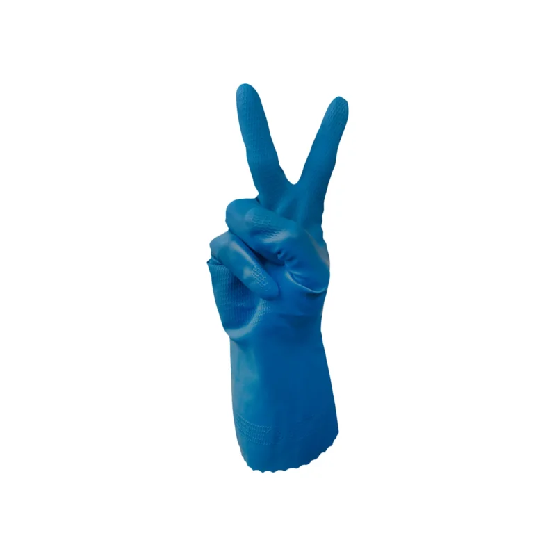 Bastion Blue SIlverlined Rubber Gloves on hand showing peace sign