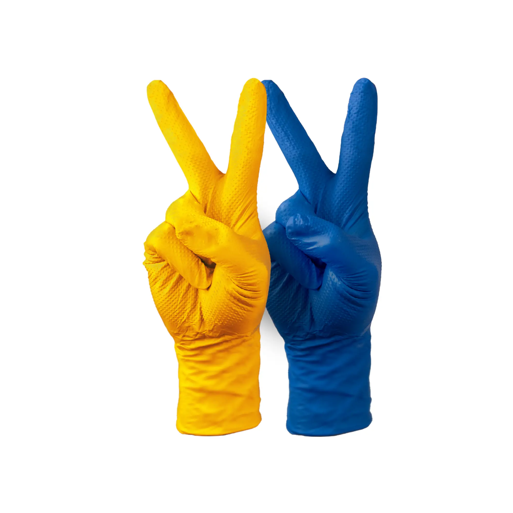 Two TIDDOX Diamond Grip Long Cuff Nitrile Gloves on a white background. One yellow and the other blue