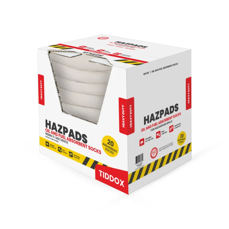 Cartons of Heavy Duty oil and fuel absorbent socks. Carton is open.