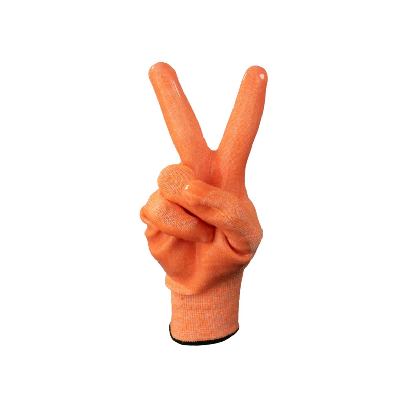 TIDDOX-High-Viz-Cut Resistant Gloves on a white background holding the peace sign