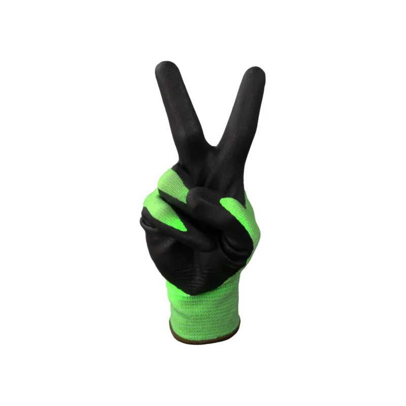 TIDDOX-High-Viz-Cut-5-Green-Microfoam Nitrile Gloves on a white background showing the peace sign