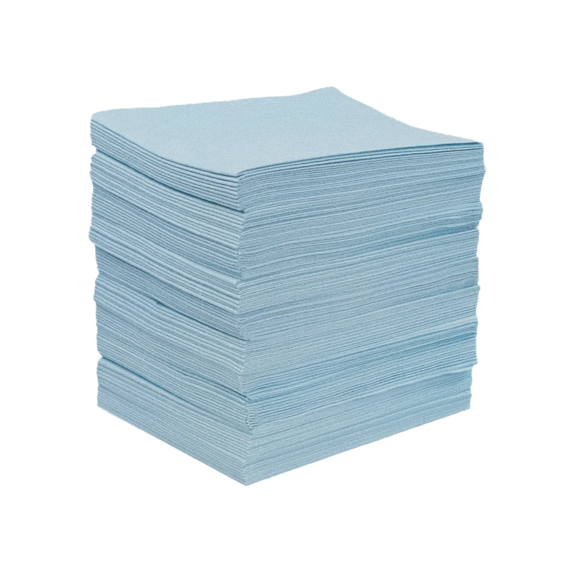 stack of light blue lint free microfibre wipes on a white background